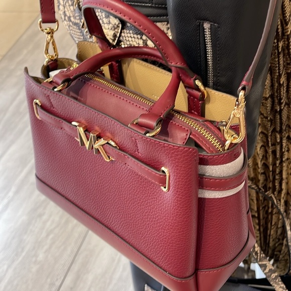 Michael Kors Reed Small Dark Cherry Leather Center Zip Belted Satchel Bag Purse - Picture 5 of 16